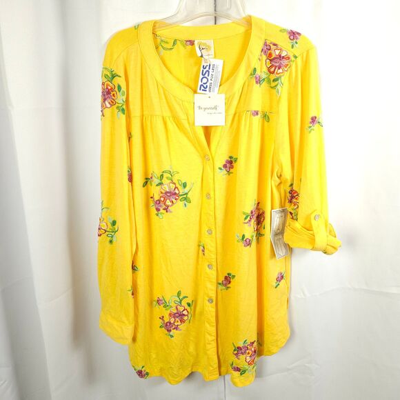 Fig and Tops - NWT‎ Anthropologie Fig and Flower Womens 2X Yellow Floral Embroidered Tunic